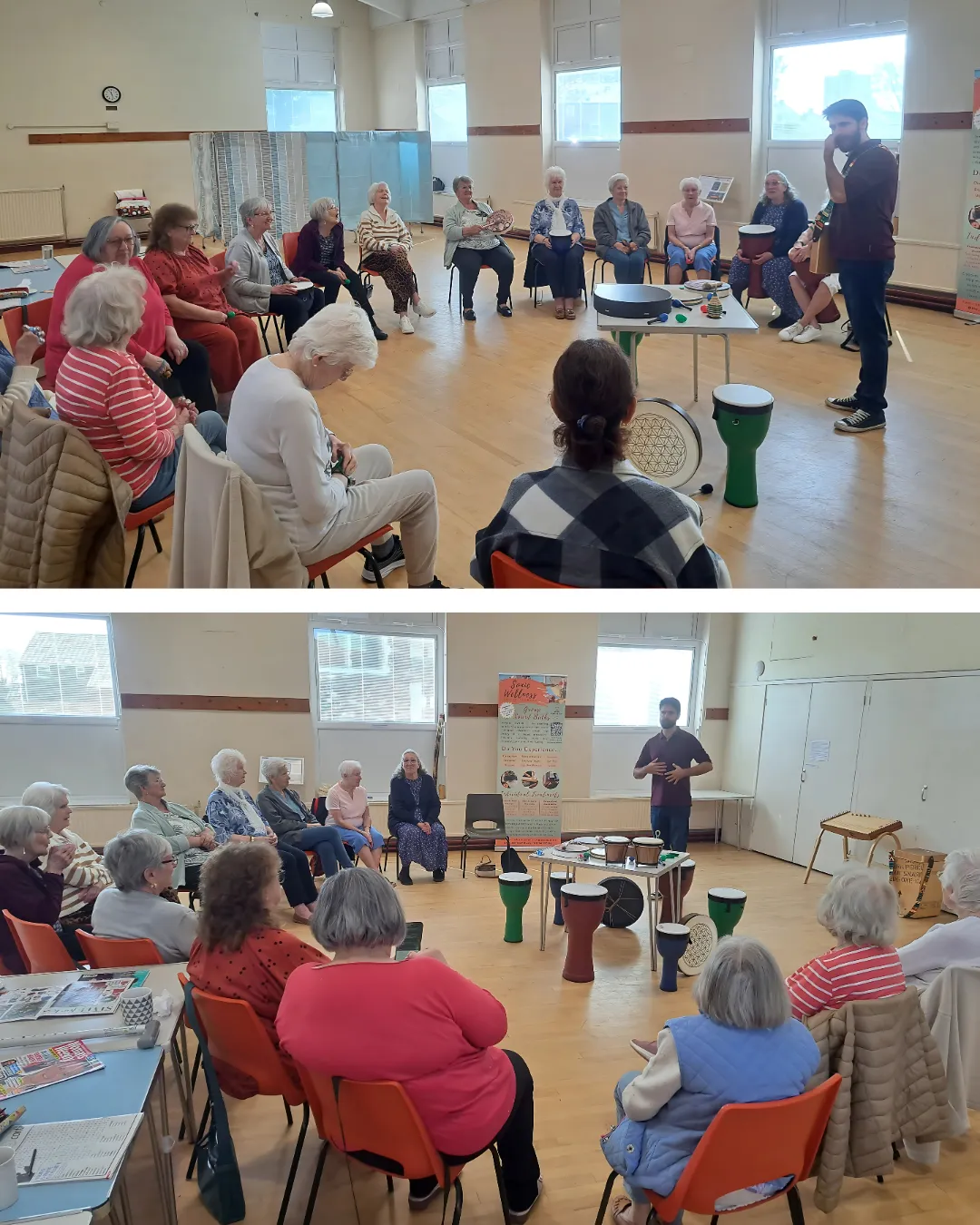 Community drum circle session with participants seated in a circle with djembes