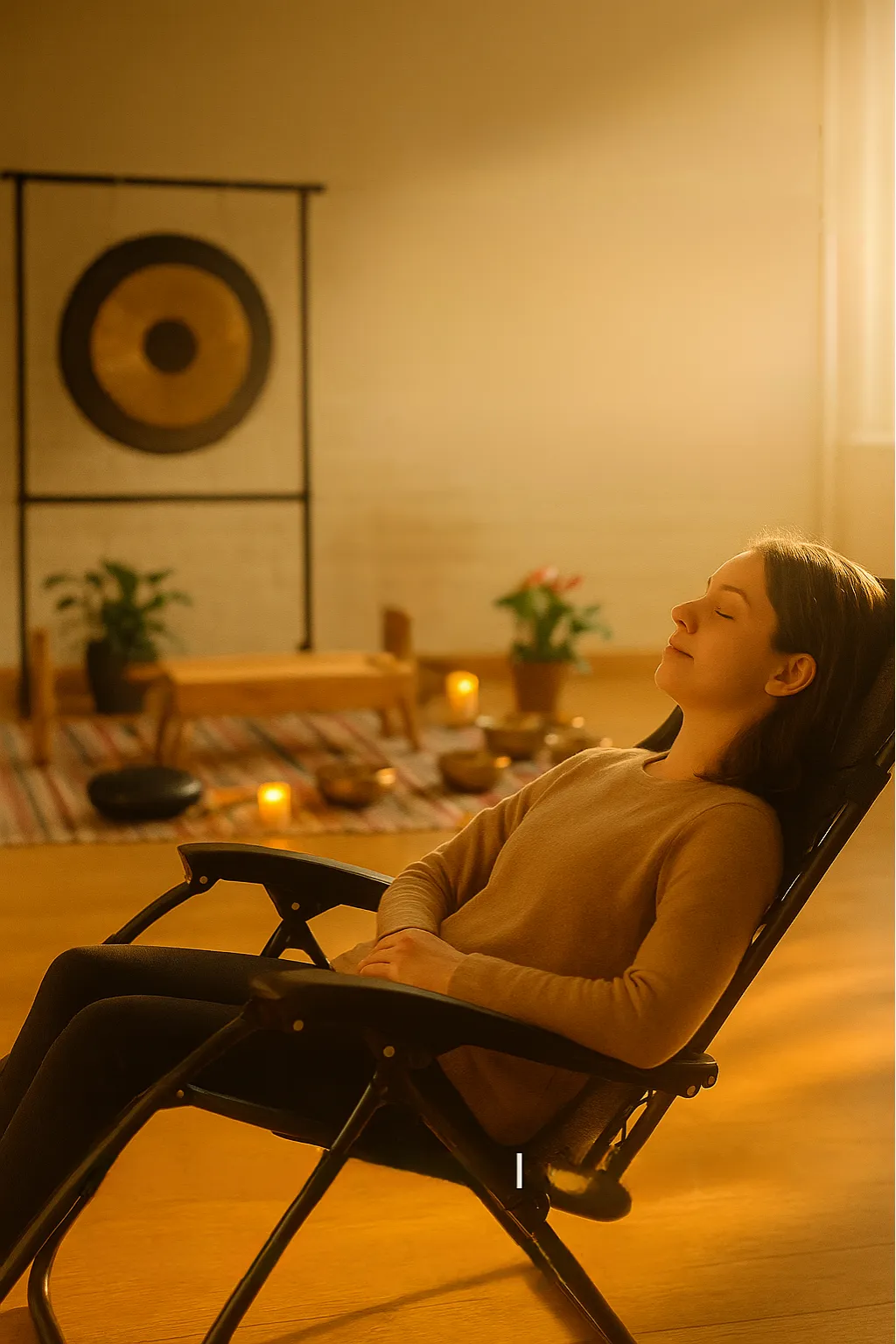 Attendee relaxing in a zero gravity chair during a sound bath session